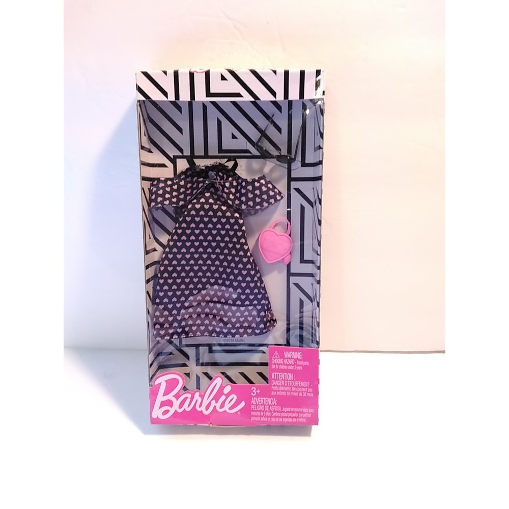 Mattel Barbie Clothes Black Dress Pink Hearts with 2 Accessories FXJ16 New